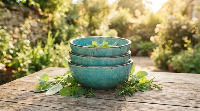 Stacked blue ceramic bowls filled with fresh mint leaves on wooden table.