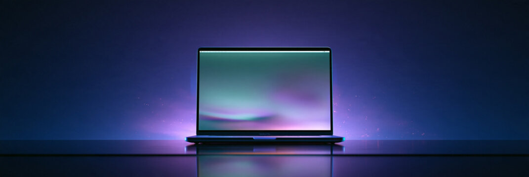 Ge&ouml;ffneter Laptop mit gr&uuml;nem Bildschirm auf violettem Neonhintergrund
