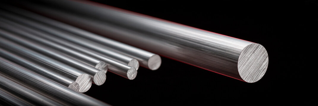 Mehrere silberne Metallst&auml;be unterschiedlicher Dicke vor schwarzem Hintergrund