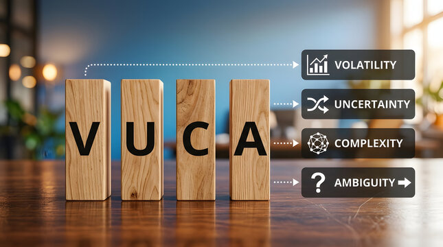 Wooden blocks spelling vuca with volatility uncertainty complexity