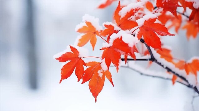 かえでの葉に積もる雪、冬の動画