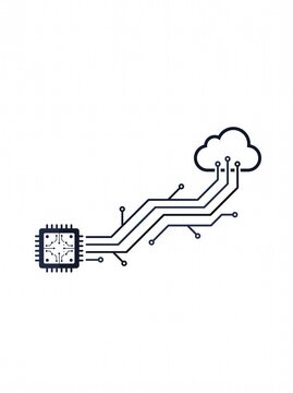 Minimalist AI microchip connected to cloud computing network line art vector illustration
