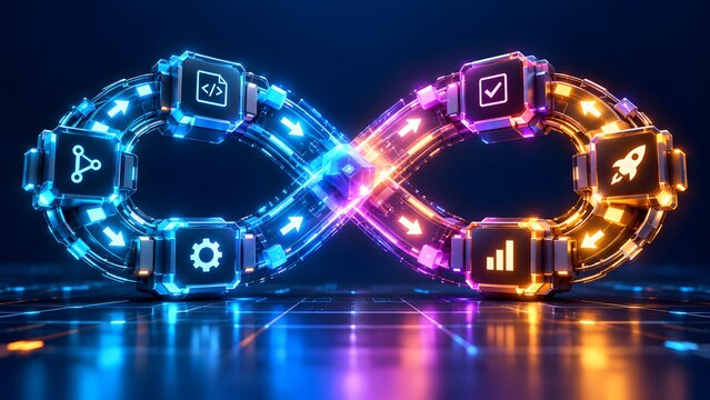 Mechanical devops infinity loop with glowing digital nodes and software development icons on cyber grid background