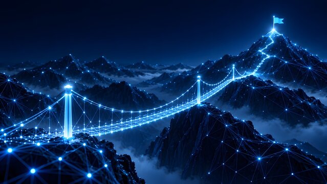 Glowing blue digital suspension bridge connecting mountain peaks to summit flag representing data driven business journey