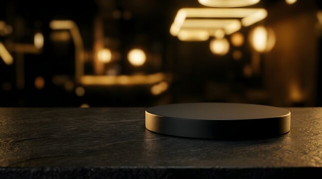 Minimalist black round podium on dark stone countertop with blurred warm bokeh lights in upscale lounge interior