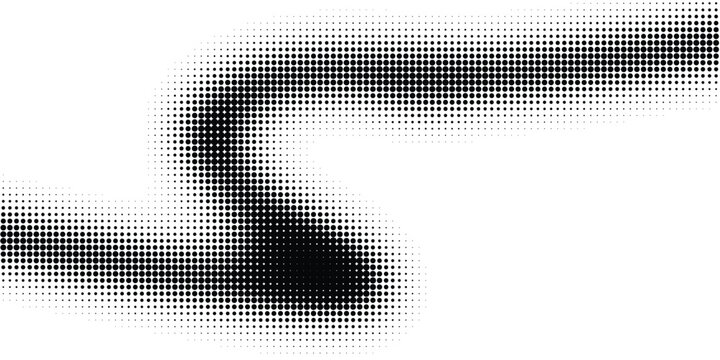 Halftone pattern design element, abstract wave shape made of black dots, gradient halftone curve, vector illustration
