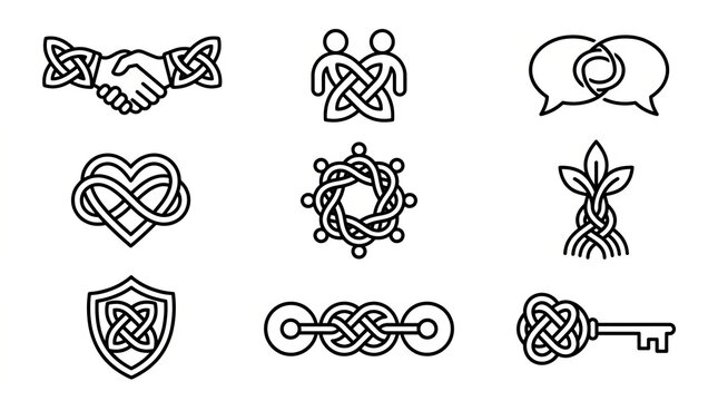 Collection of intricate celtic and knotwork symbols in black and white vector style.