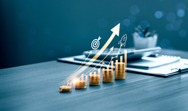 Business growth concept with stacked coins, rising financial chart, target and rocket icons showing investment return, revenue increase, startup acceleration and success strategy
