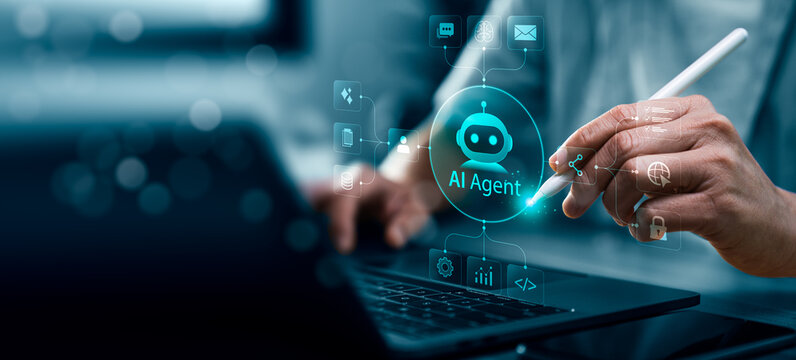 AI agent automation concept with professional using stylus on laptop and tablet showing virtual workflow interface connecting chatbot, email, data, analytics, security and intelligent business tasks