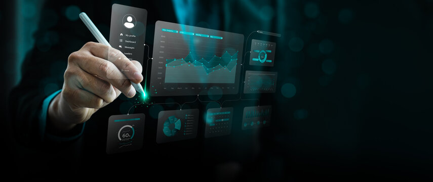 Business data analytics concept with professional using stylus on virtual dashboard showing performance charts, KPI metrics, statistics, reports and data driven strategy