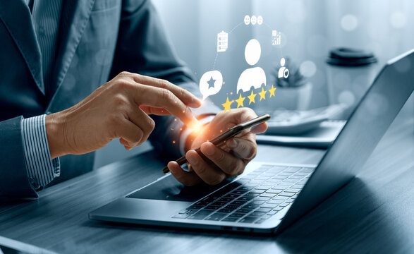 Customer satisfaction feedback concept with person using smartphone and virtual five star review rating interface showing survey checklist, user opinion and service quality analytics