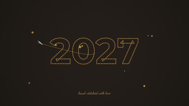 Gold needle stitching numbers of year twenty twenty seven on dark fabric background with love text