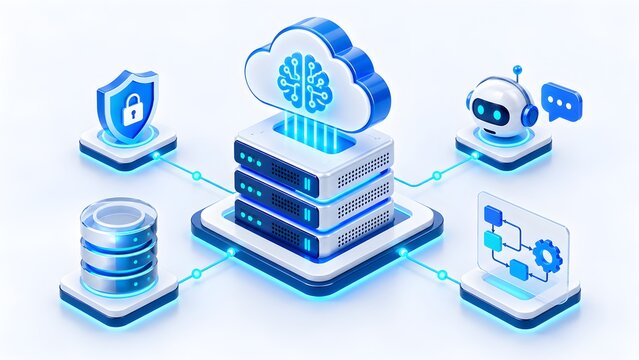 Comprehensive digital infrastructure presenting cloud computing, data servers, artificial intelligence, cybersecurity, and automated process management for modern business solutions.