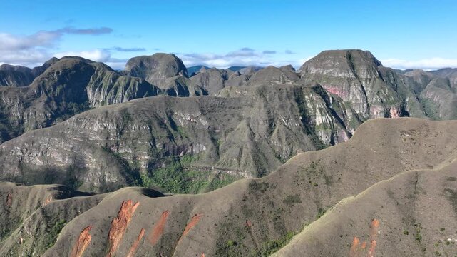 Codo de los Andes Rugged Rock Formations and Mountain Cliffs in Bolivia. Establishing Shot. Aerial View.
