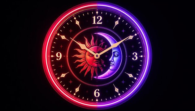 Celestial Clock with Sun and Moon Faces in Neon Red and Purple Glow on Black Background
