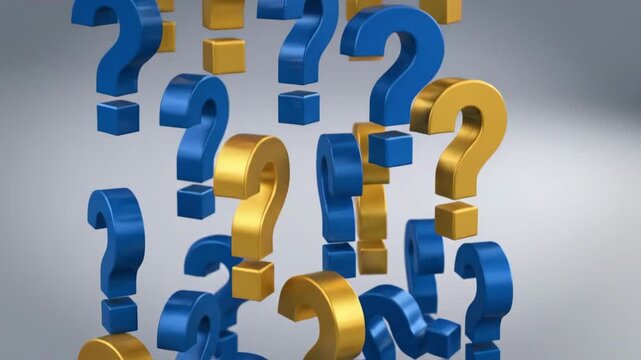 Slow motion tracking shot of floating blue and gold question marks descending against neutral gray studio background