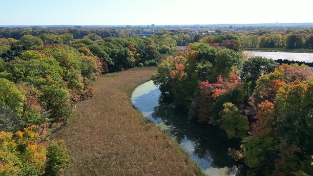 Aerial moving forward over Richardson's Creek towards Martindale Pond near Martindale Road in north St. Catharines, Ontario, Canada on a sunny Autumn day in October, 2024.