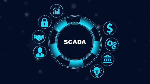 Scada system digital interface animation with industrial automation and cybersecurity for smart manufacturing and network infrastructure concepts