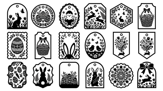 Set of easter gift tags with bunny rabbit egg and floral designs for