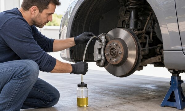 mechanic bleeds brake fluid at an auto shop