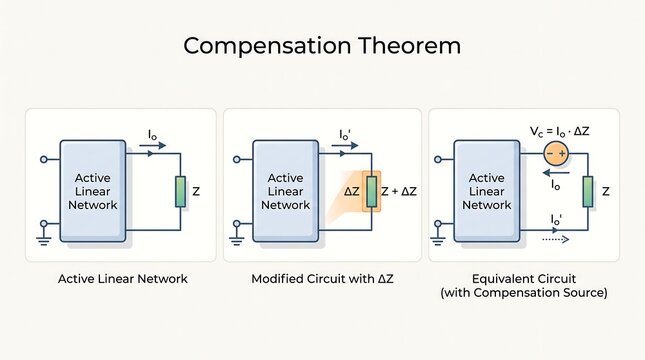 Compensation theorem circuit diagram illustrating linear network equivalence and impedance change