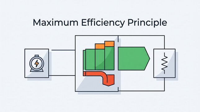 Educational vector graphic explaining maximum efficiency principle in electrical power systems