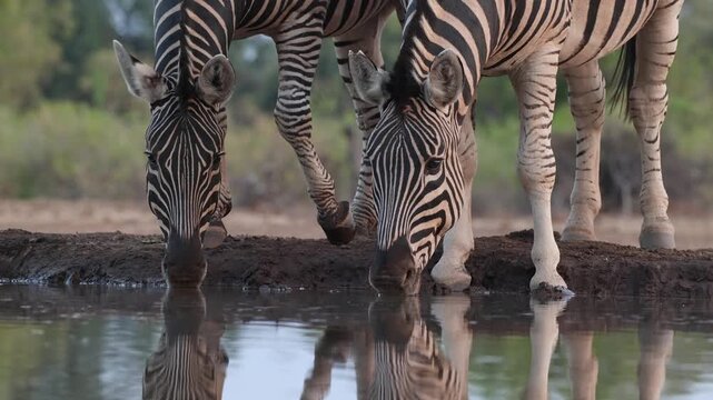 Close-up of two Plains Zebras' heads as they drink from a waterhole in Mashatu Game Reserve, Botswana. Filmed from a low angle,