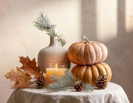 Autumn still life with stacked pumpkins, candle, pine cones and dried leaves