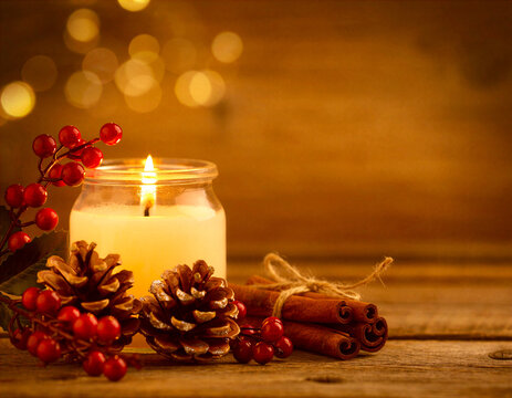 Lit candle with pine cones, red berries and cinnamon on a wooden table