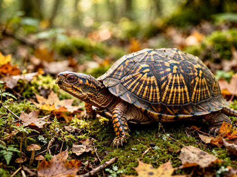 Box turtle walking on mossy forest floor among autumn leaves