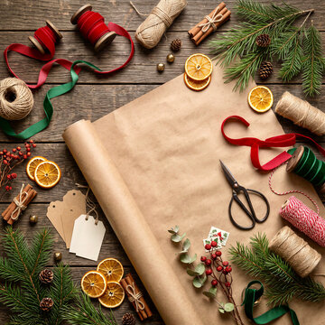 Christmas wrapping supplies with kraft paper, ribbon and twine on dark wood