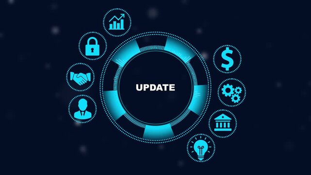 Digital system update interface with hud and animated data processing circle for business technology and software development concepts