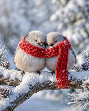 Two small birds cuddling under a red knit scarf on a snowy branch
