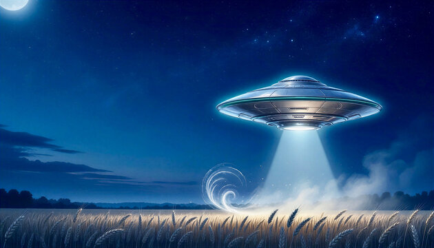Flying saucer shining a light beam over a wheat field at night