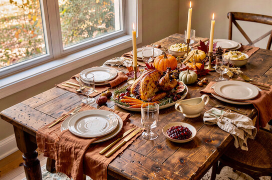 Rustic Thanksgiving dinner table with roast turkey, candles and autumn decor