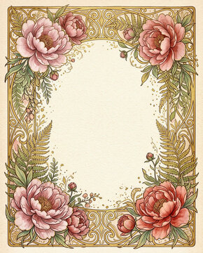 Vintage peony and fern floral frame border with blank cream center