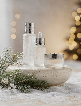 Frosted skincare bottles and cream jar on a snowy stone pedestal with pine branches