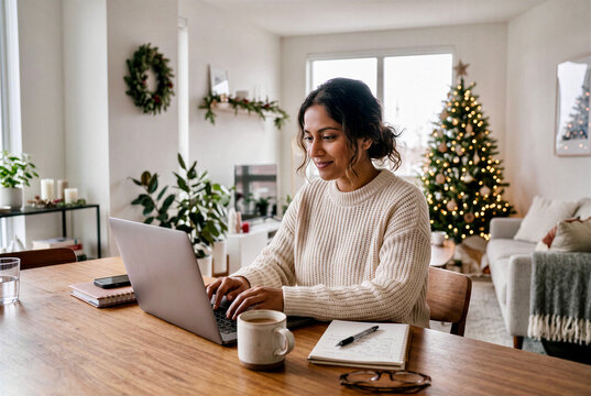 Woman typing on a laptop at a wooden table in a home decorated for Christmas