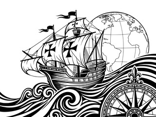 Columbus Day Sailing Ship and Compass Rose Vector Illustration © Raheela