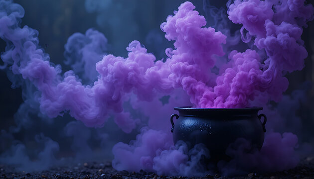 Dark metallic cauldron placed on rough pebbled surface with thick swirling purple smoke rising and filling dim background