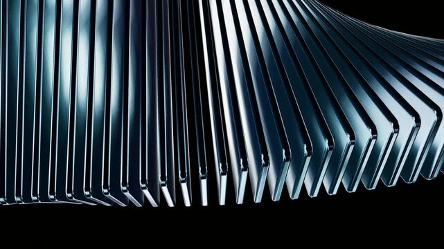 Rippling wave of glossy steel blue glass panels on black