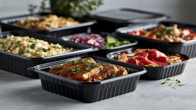 A collection of black plastic containers filled with various prepared meals  including chicken  rice  vegetables  and pasta  arranged on a gray