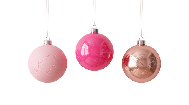 Pink Christmas baubles on string, modern festive tree ornament collection, shiny rose gold holiday decorations isolated on white background