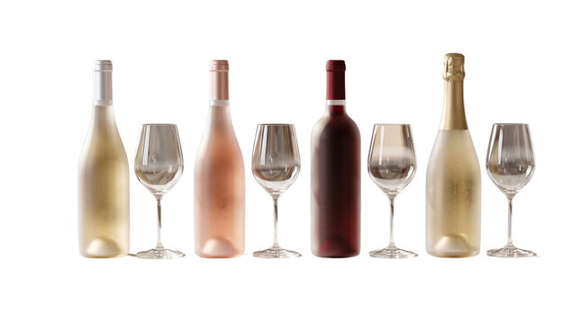 Elegant wine bottle lineup with clear stemware glasses, assorted red rose white wine and prosecco bottles, isolated studio beverage banner