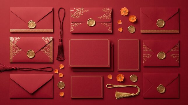 Chinese new year red envelope collection featuring gold foil cloud patterns and wax seals arranged with silk tassels and floral accents on a crimson background with copy space.