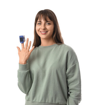 Pulse oximetry and health monitoring, young woman using a finger pulse oximeter for blood oxygen level check and respiratory wellness on white background
