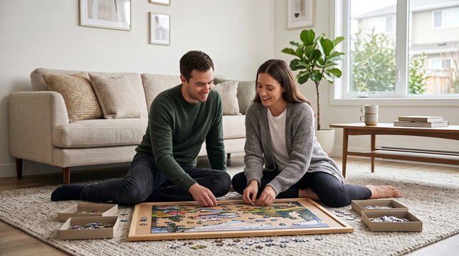 Smiling couple assembling large jigsaw puzzle on living room floor of cozy home. Concept of leisure hobby, teamwork and quality time together at home