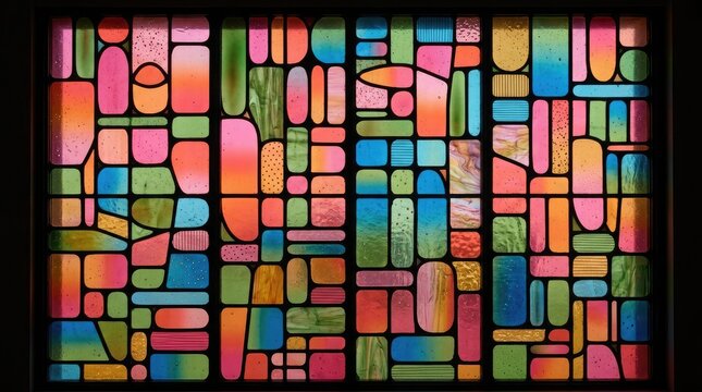 Abstract stained glass window with vibrant multicolored rectangular glass panes arranged in a modern geometric grid pattern design