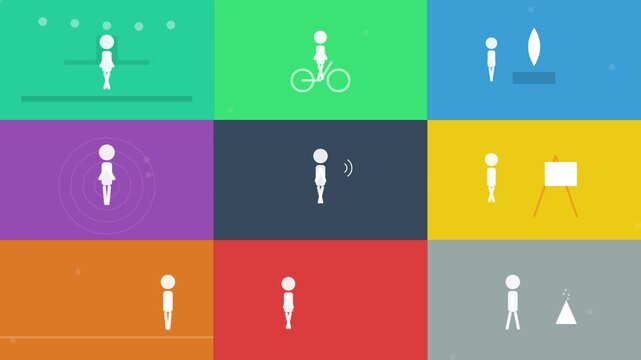 Set of animated stick figure icons representing various daily activities and lifestyle concepts.