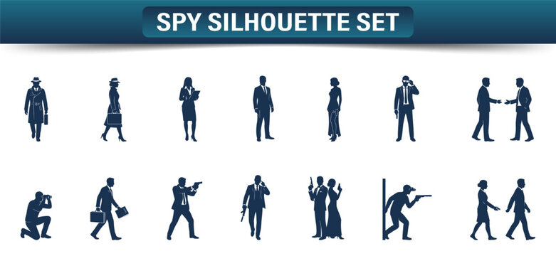 Spy silhouette set with secret agents in various poses for spy movies and detective stories